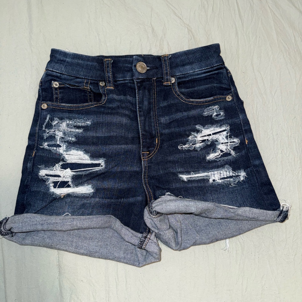 American Eagle Outfitters Dark Blue Curvy Hi-rise Shorti Distressed Denim Shorts